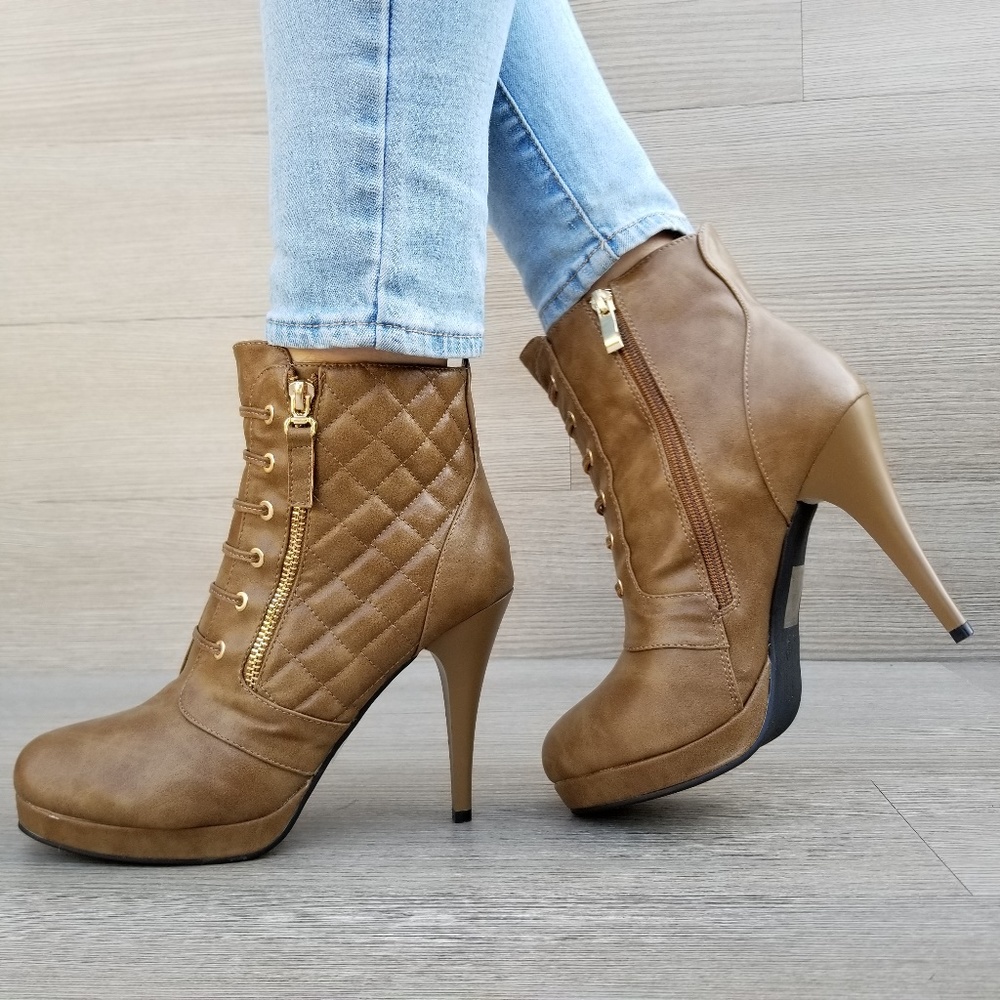 Khaki Platform High Heel Boots Light Fur inside - Picture 2 of 8